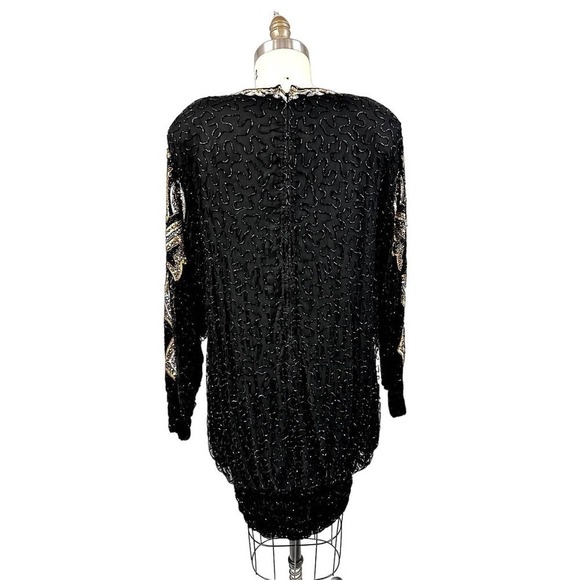 Mob wife era 80s VTG Lillie Rubin Blk/Gld Sequined Silk Hobble Dress Black Sz L - Picture 4 of 9